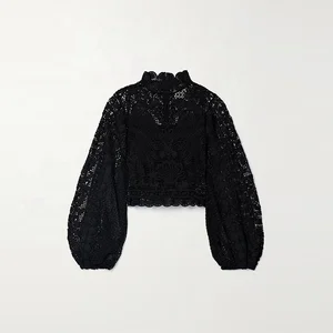 Clothing Manufacturer Custom Spring Autumn Black Crew Neck Long Sleeve Elegant Casual Women Lace Blouse