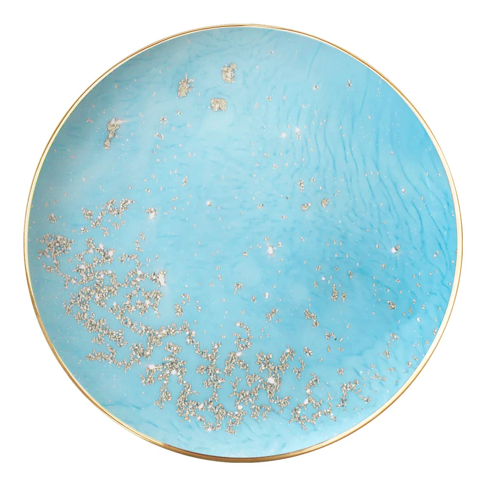 Light Blue Starry Sky Stone Texture Ceramic Plate Dessert Fruit Plate Hotel Restaurant Gold Edge