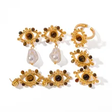 Light Luxe Lace Hollowed-out Design Earrings Premium Sense Female Inlaid tiger Eye Stone Devil Eye Earrings