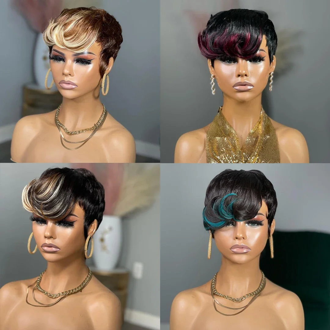 Short Pixie Cut Human Hair Highlight Blonde Green Bob Wigs 613 Burgundy 99J Brown Lace Front Machine Wig_voghion.com