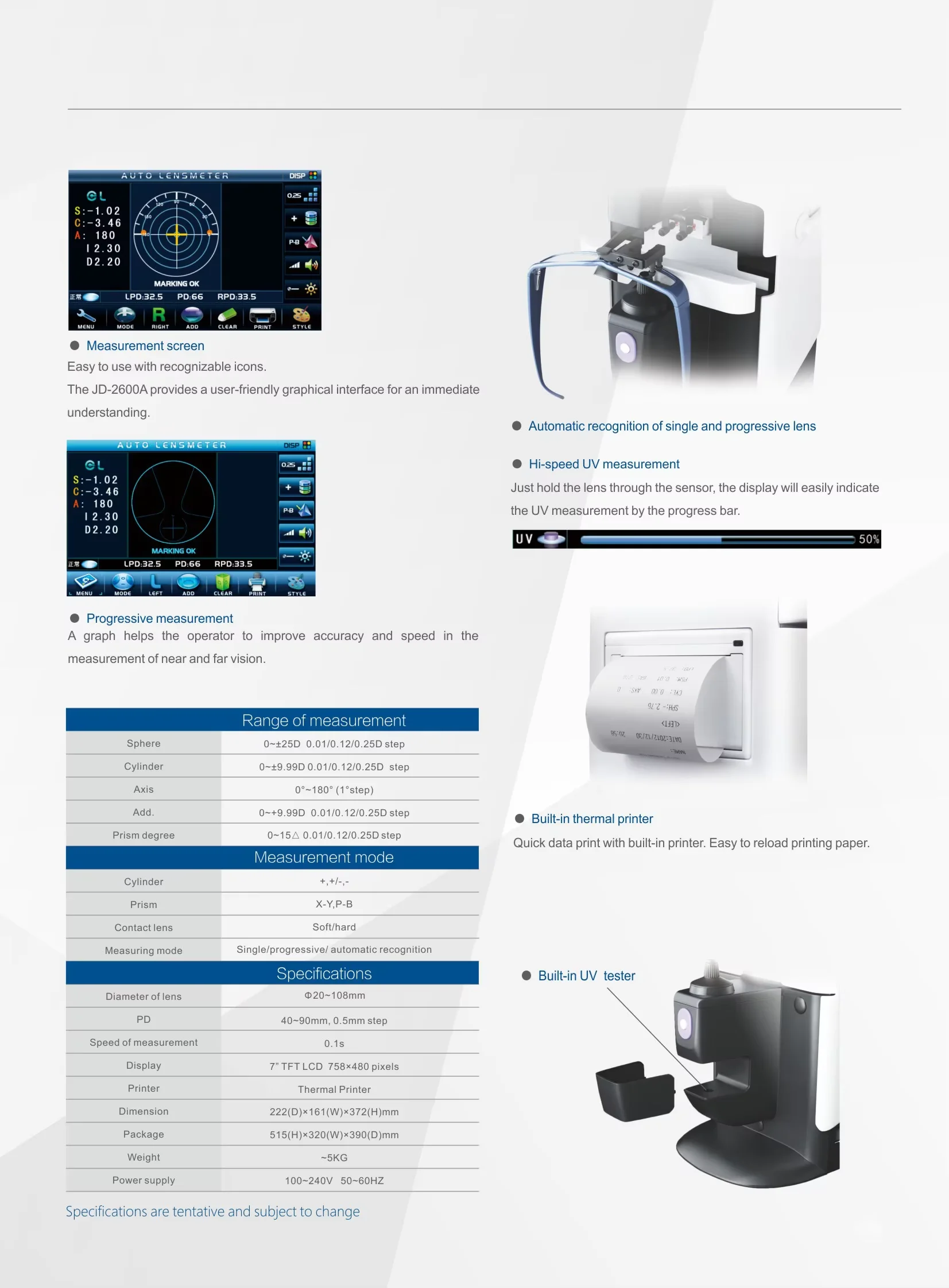 JD-2600B Auto Lensmeter/Digital Lensmeter/Focimeter /Auto Lens Meter with Printer PD&PH UV