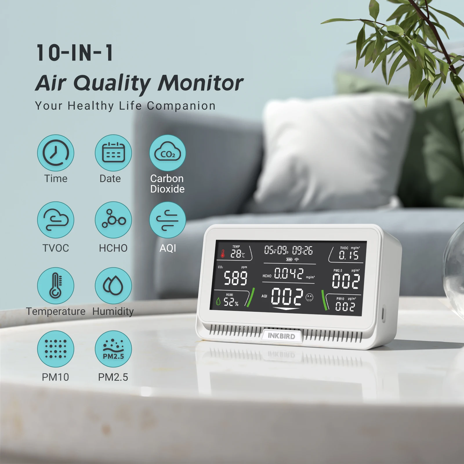 INKBIRD WiFi Air Quality Monitor WiFI IAQM-129-W TUYA for CO2 PM2.5 PM10 TVOC HCHO AQI Temperature Humidity Analyzer