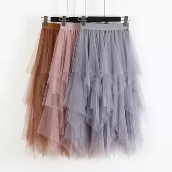 Fashion Elastic High Waist Long Tulle Skirt Women Irregular Hem Mesh Tutu Skirt 2022 Spring Party Skirt Ladies