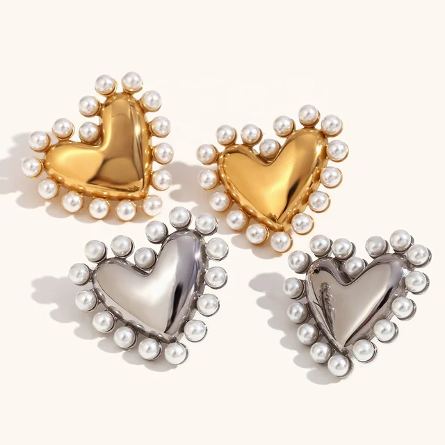 Dingran EARRING Waterproof Gold Plated Pearl Heart Stud Earrings Stainless Steel Jewelry For Women