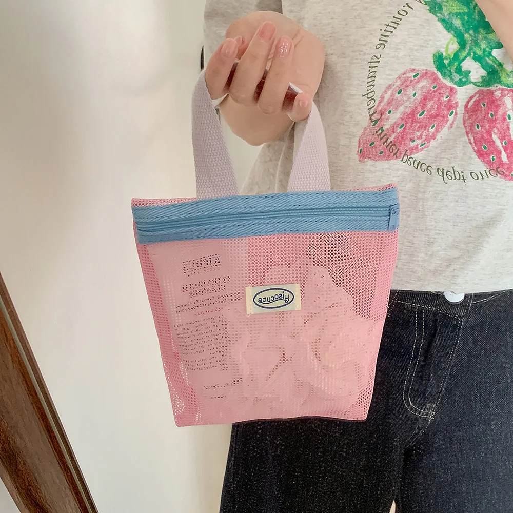 Women's Color Customized Summer Mesh Small Portable Foldable Polyester Bag Toiletry Tote Beach Bag