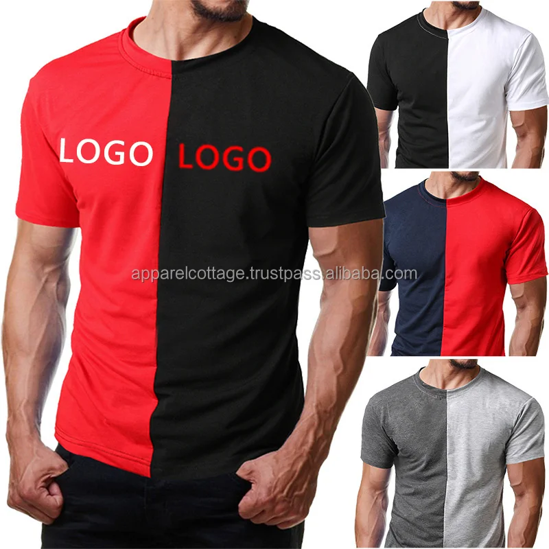 Source men split two tone color block short sleeve tshirt split color tee  with custom logo hip hop casual long line cotton t-shirt on m.