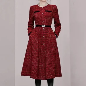ZYHT 74080 Autumn Winter Elegant Red Vintage Woolen Tweed Dress Coat for Women Natural Waistline Woven Pattern Belt Plain Dyed
