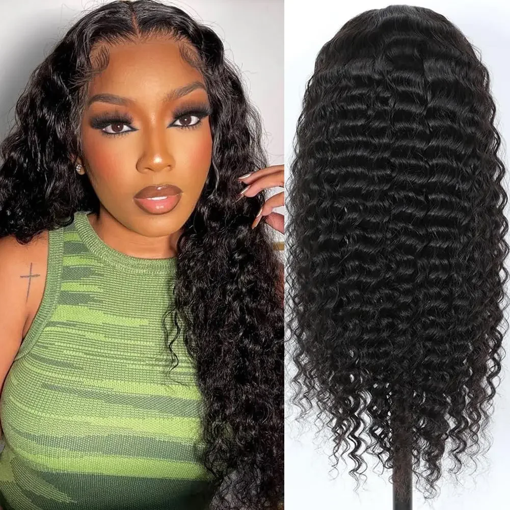 Parrucche frontali in pizzo HD trasparente con capelli umani ondulati profondi pre-pizzicati 13x4, parrucche ricce per donne con capelli per bambini, nero naturale_voghion.com
