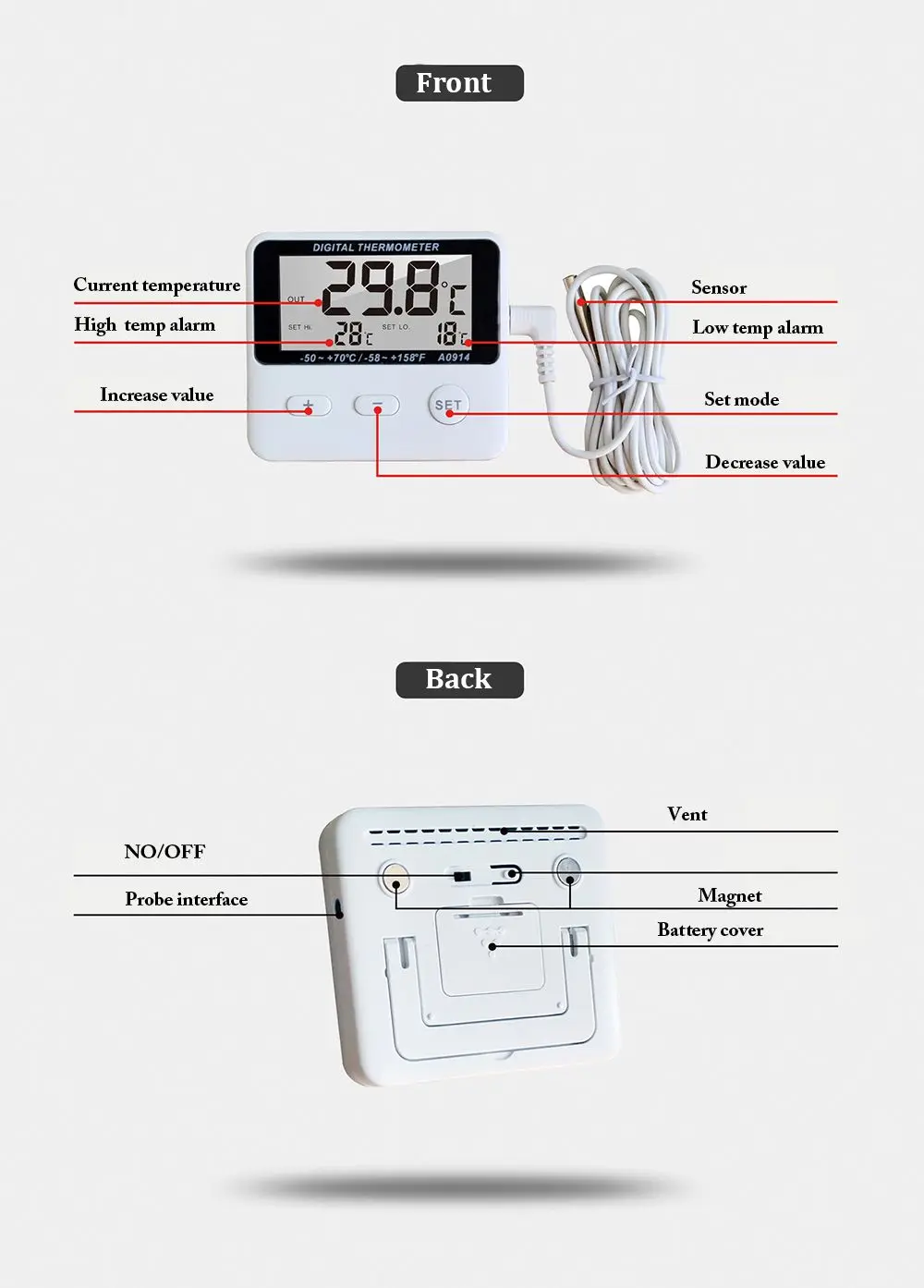 A0914 Digital Thermometer with Fridge Freezer Temperature Sensor Alarm and Max Min Function