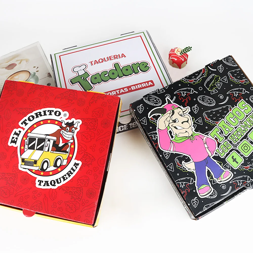 Персонализирана кутия за пица, кашон, продажба на едро, от крафт хартия, подходяща за храна, гофрирана опаковка с отпечатано лого за ресторанти с доставки