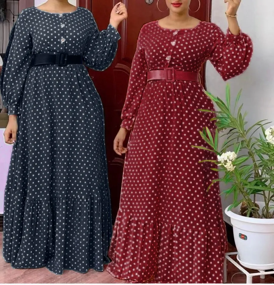 HC HC-244 в африканском стиле в горошек с оборками платья для женщин в африканском стиле длинное платье с поясом для девочек; Женская повседневная одежда