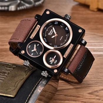 OULM 3595 fashion military mens quartz watch excel Canvas strap 3 time zone analog display vintage sports wristwatch