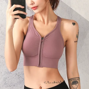 Sexy V Neck Sport Bra Shockproof Front Zipper Sports Bra Open Back Padded Push up Gym Workout Sports Top