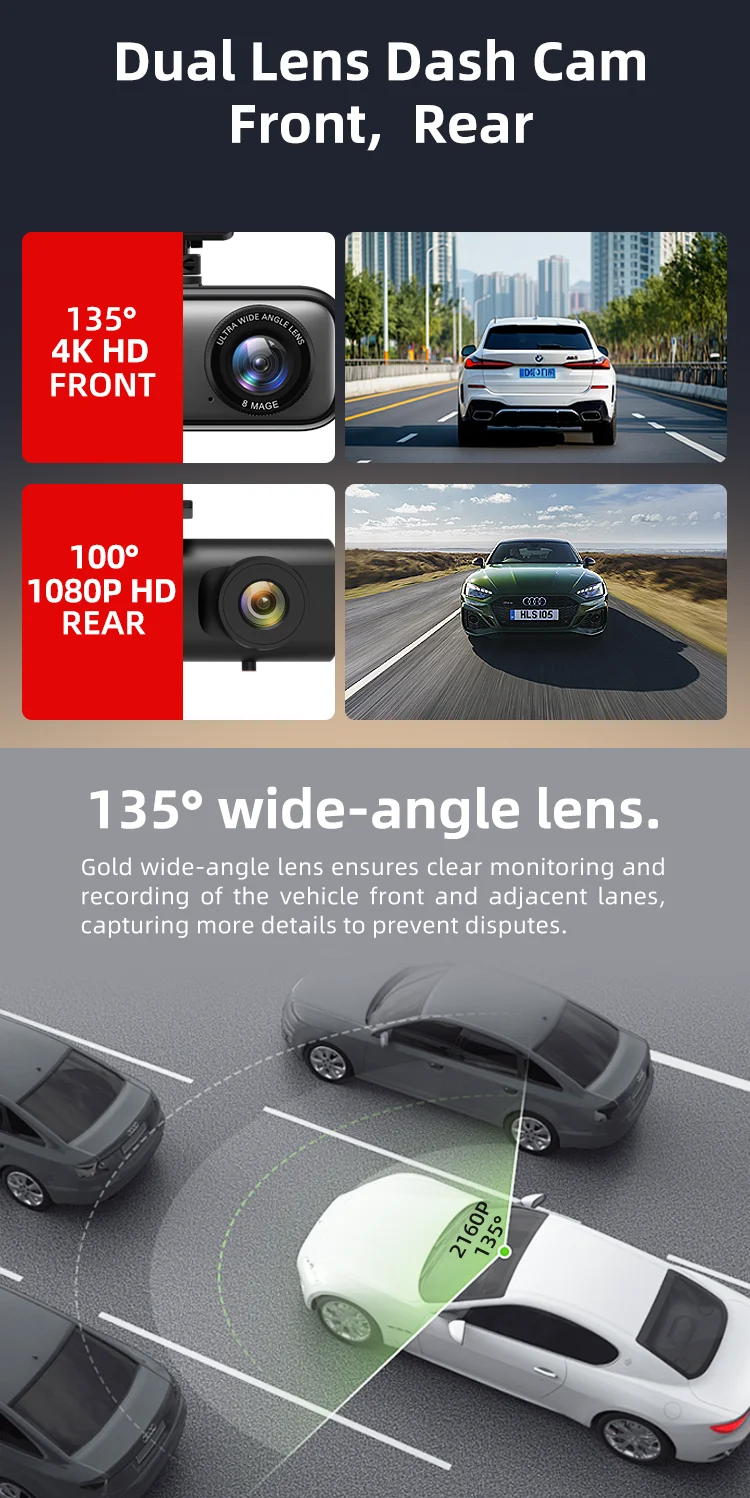 4K 2 Channel Dash Cam WiFi GPS Front /back 2160P+1080P Two-Way Car Camera Night Emergency Lock Park for Competitively Priced factory