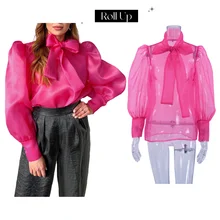 Pink Tie Neck Organza Blouses Spring Women Clothing Shirt CBubble Pullover Top Puff Sleeve See-through Blouse