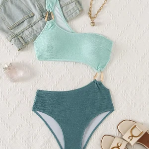 2026 One Shoulder Monokini Metal Ring Colorblock Patchwork Textured One-Piece Swimwear for Women High Cut Bottom Eco-Friendly