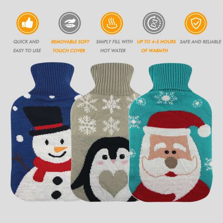 custom water filling hot water bottle 2l rubber hot water bag with christmas knitted cover