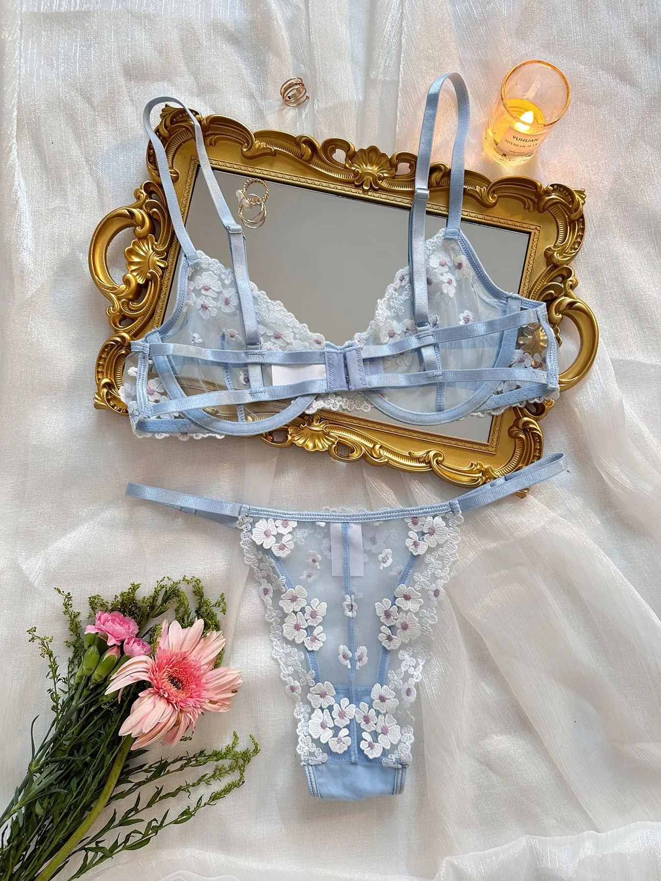 german sexy lingerie Sexy Blue Lace Low-bra Adjustable Spaghetti Straps Soft Babydoll Sleepwear  Lingerie N23393-Babydoll main image 1