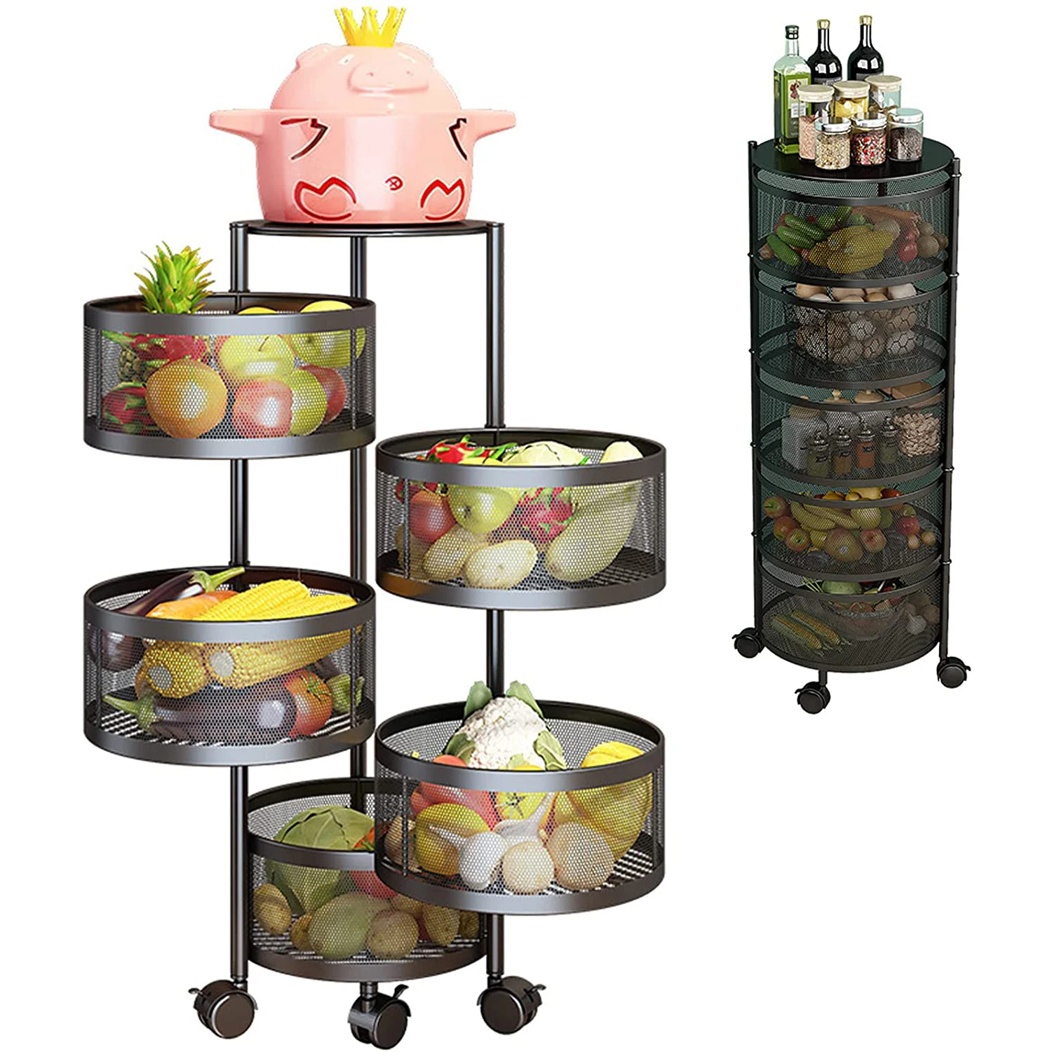 Round Rotating Vegetable Storage Basket Movable Household Storage Rack for Kitchen Living Room Toilet