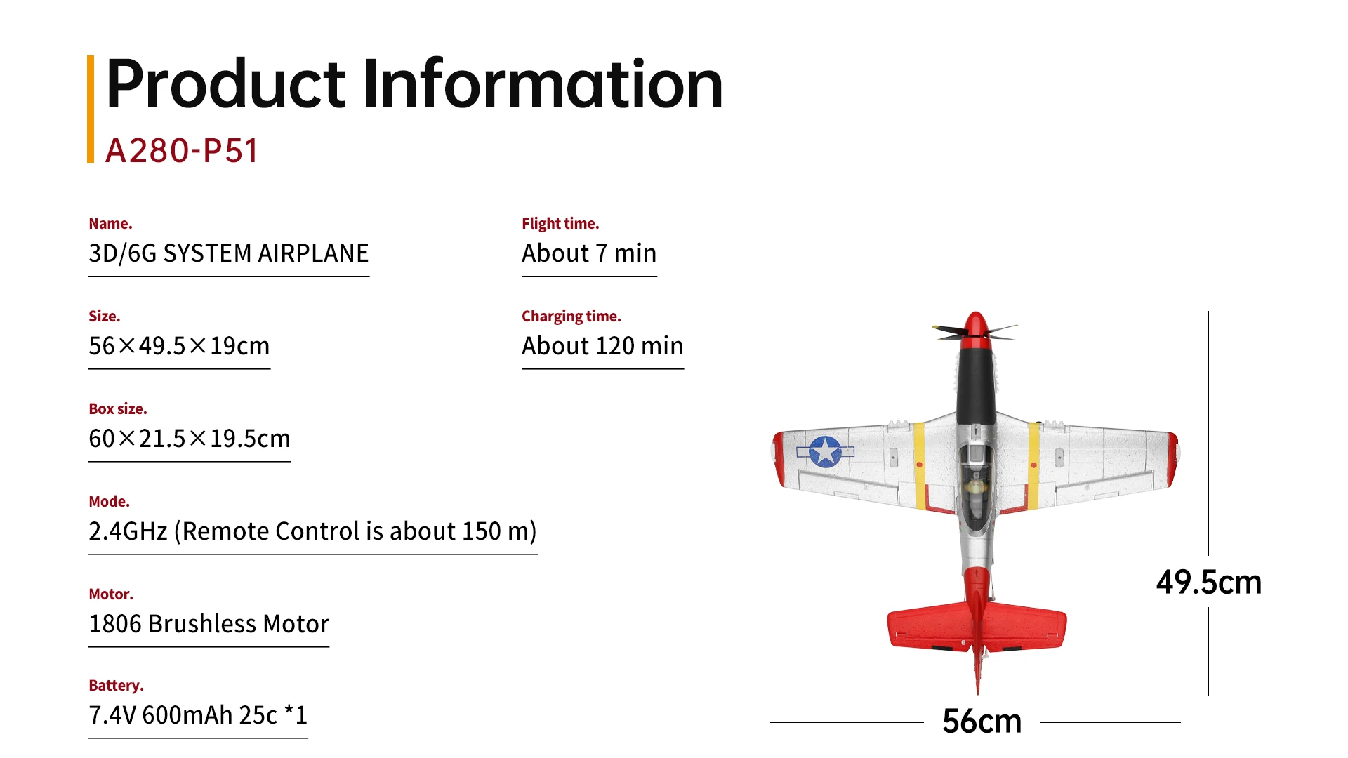 HOSHI WLtoys A280 RC Airplane P51 Fighter Simulator 2.4G 3D6G Mode Glider Fixed Wing with LED Light Radio Control Toys