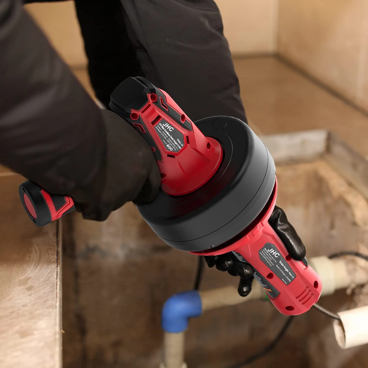 JHC 12V Lithium Ion Cordless Automatic Feed Drain Cleaner for Toilet Sewer and Kitchen Pipe Cleaning