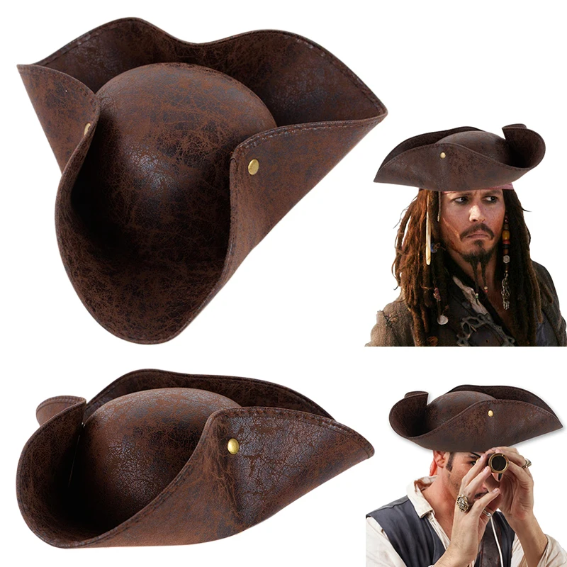 Vobumix Chapeau Pirate Tricorne Cuir Marron En Détresse Pour Adulte - Déguisement Colonial Médiéval