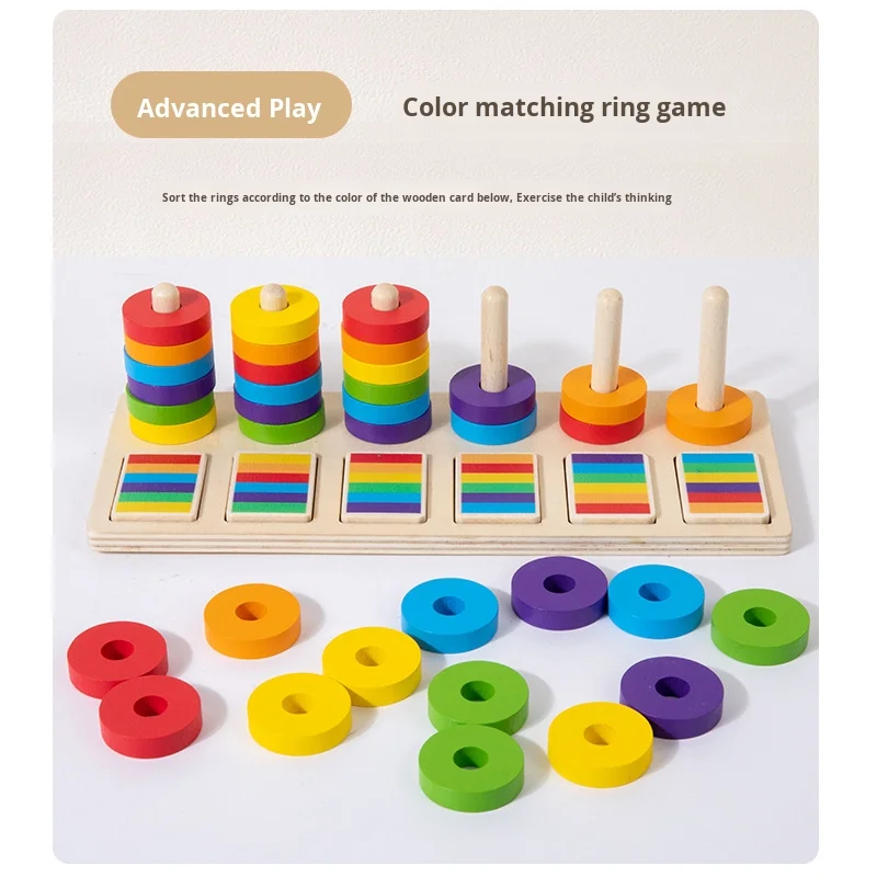 Rainbow Montessori Educational Early Childhood Stacking Blocks Toys Kindergarten Color Matching Rings Set Boards Wood CPC/EN71