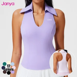 Janya Plus Size Quick Dry Fixed Cup V-Neck Sports T-shirt Racerback Sleeveless Tennis Golf Tops Lapel Yoga Tank Top for Women