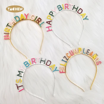 YACHEN Colorful Zinc Alloy Metal Birthday Girl Crown Happy Birthday Headbands for Women Girls Kids Birthday Parties  Photo Props