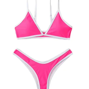 Women's New Style Solid Color Triangle Bikinis Soft-Padded Gathering Swimsuits with Thongs Bottom Exuding Feminine Charm