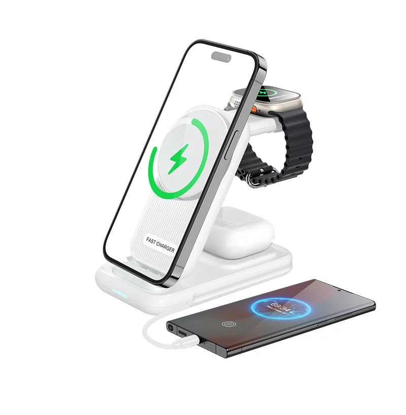 Trending Products 2025 New Arrivals 3 in 1 Foldable Wireless Charger 15W Magnetic Wireless Charger for Watch airpods and Phones