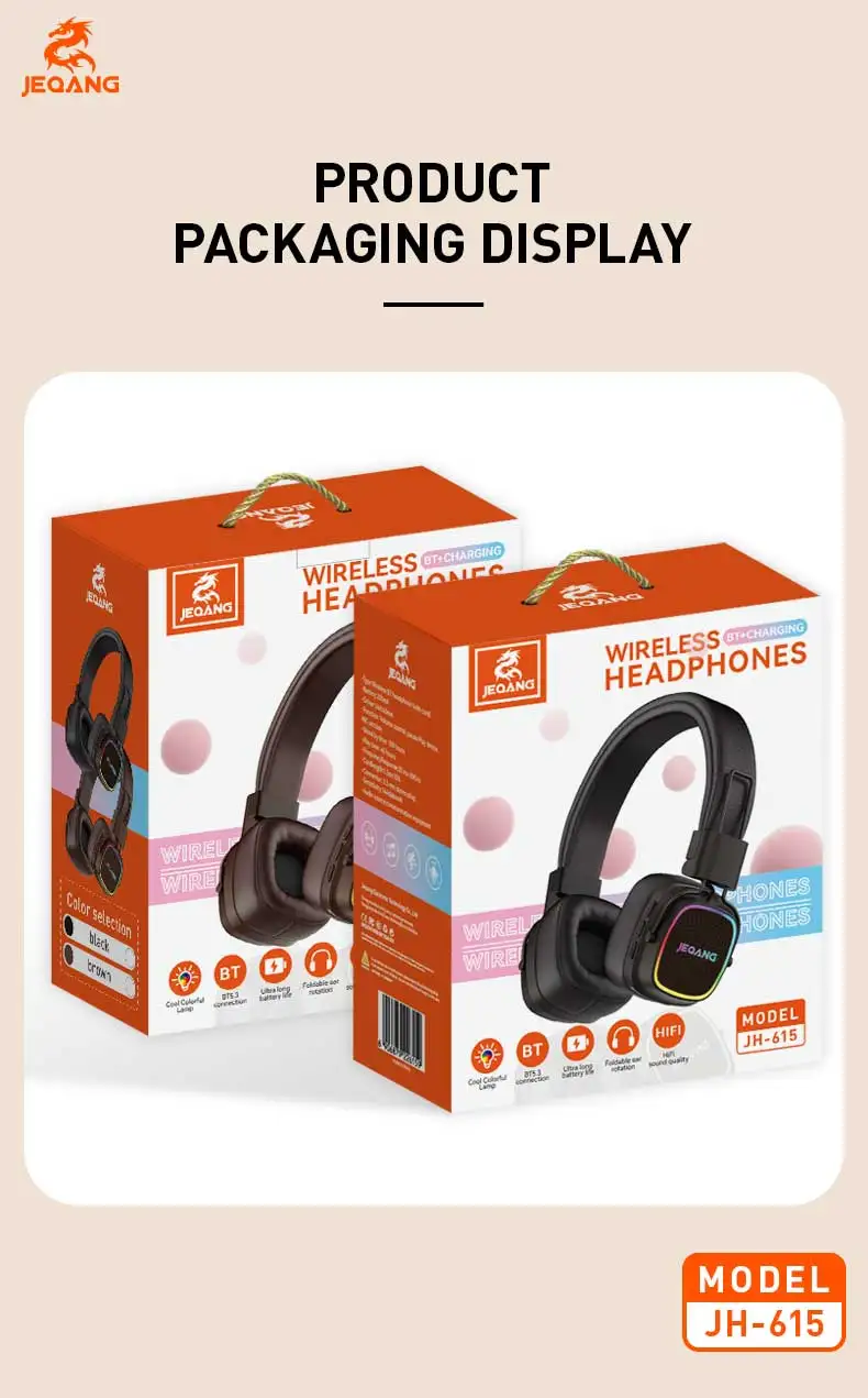Jeqang New On-Ear BT Headset with RGB Noise Reduction USB Connectors Dynamic VocaLigm for DJ Travel Sports Gaming Office Support