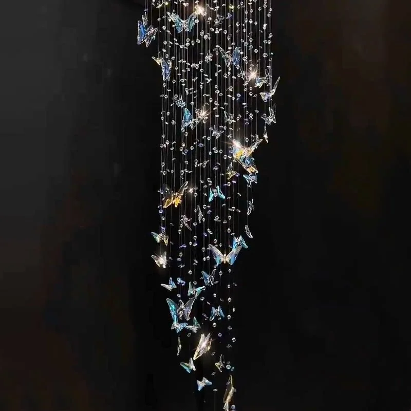 Lustre giratório de aço inoxidável e cristal em formato de linha de pesca para escada, ideal para sala de estar duplex, loft, casa de campo com pé direito alto ou hotel.