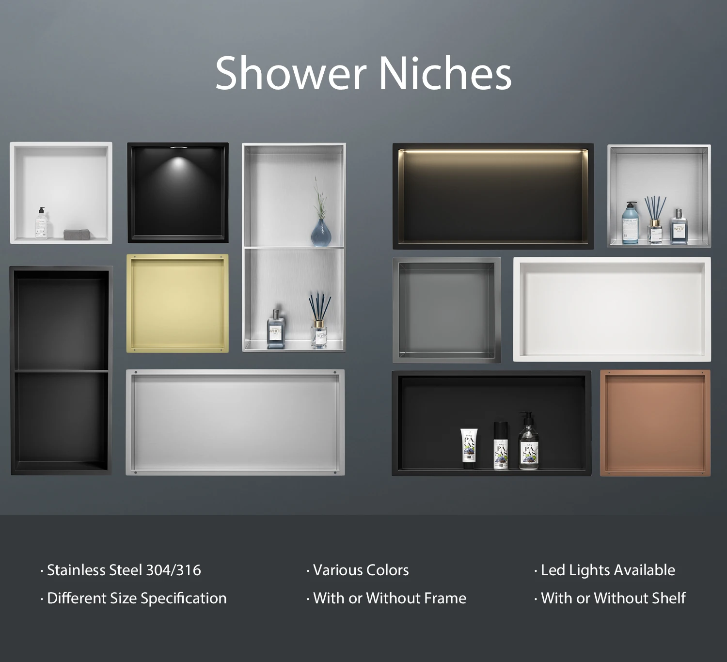 Finely Processed 12x36" 304 Stainless Steel Matte Black Bathroom Niche