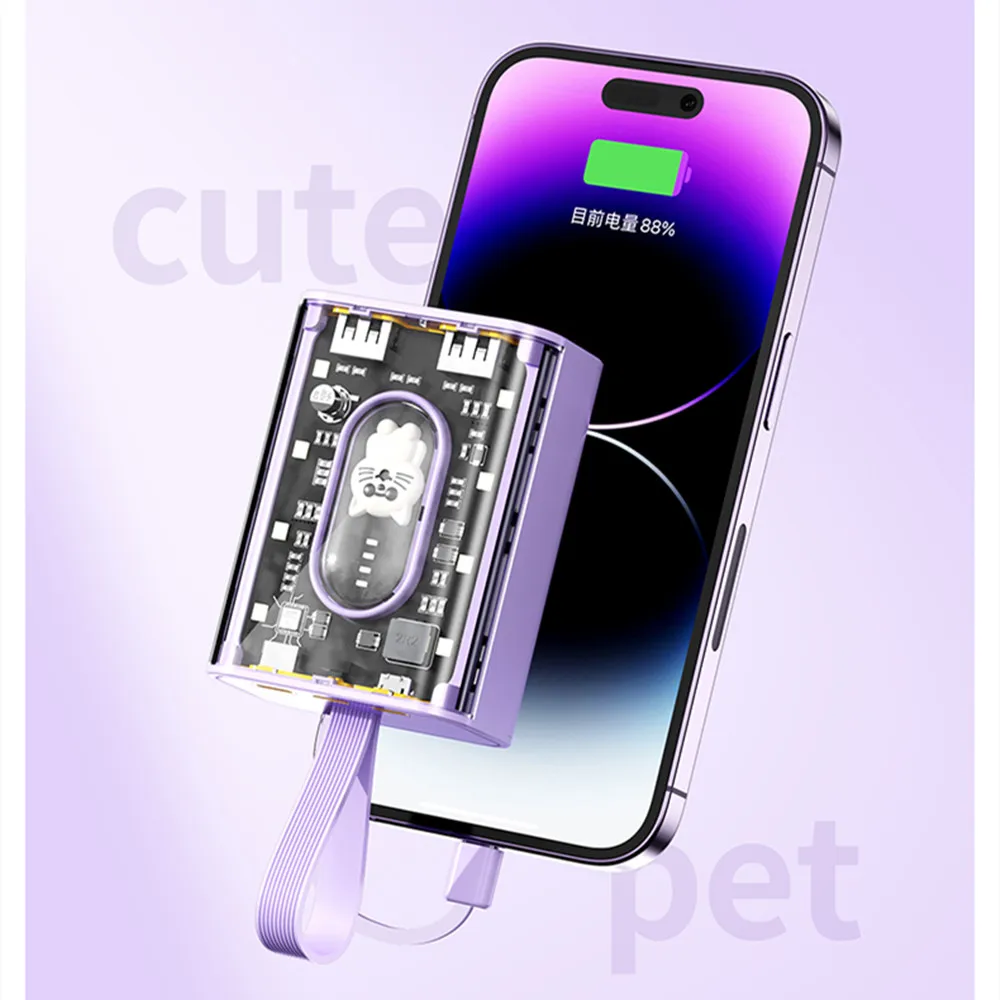 20000mAh Transparent Mini Power Bank Digital Display Fast Charging Power Supply with LED Night Lamp for Smartphone Charging