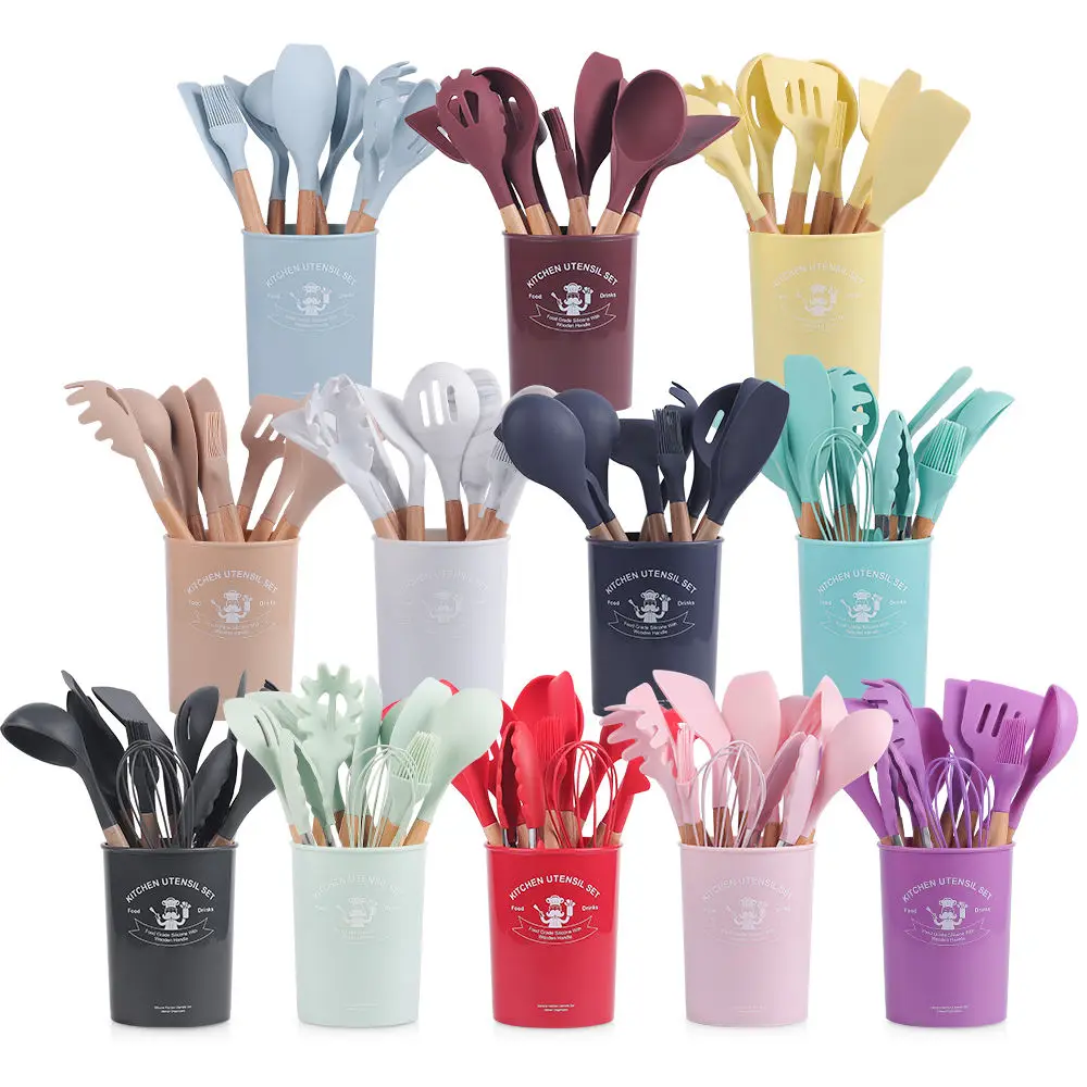 Silicone Kitchen Accessories Cooking Tools Kitchen Utensils with Wooden Handles Kitchenware Cocina Silicone 12 Pieces in 1 Set