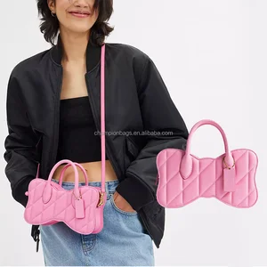 Custom Logo Quilted Leather Bow Shape Bag Ladies Pink Crossbody Handbag Purse for Women