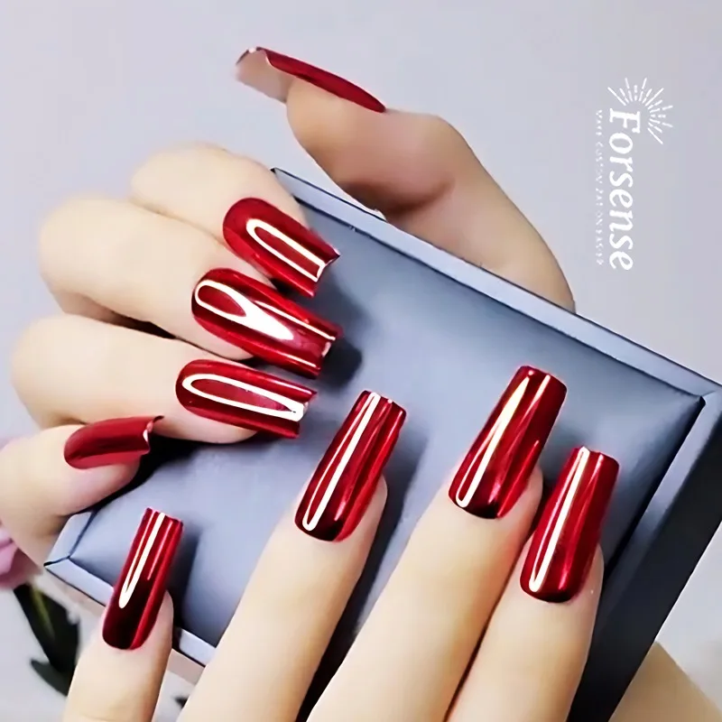 Wholesale Vendor High End Chrome Long Press on Nails Bridal Wine Red Bride 24 False Nail Long square Sexy Fake Nail High Quality