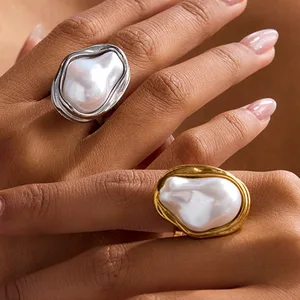 MW 18k Gold Irregular Pearl Rings PVD Plated Rings Women Handmade Big Baroque Pearl Open Rings Pearl Ring Stainless Steel