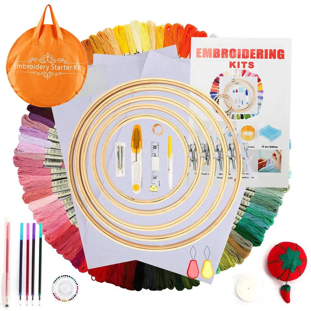 Embroidery Kit 215 Pcs,100 Colors Threads,5 Pcs Embroidery Hoops,3