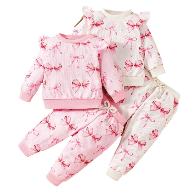 New Baby  Children's clothing set Fashion Sweet Cute Bow Printed Hoodie Pants baby Set girls clothes