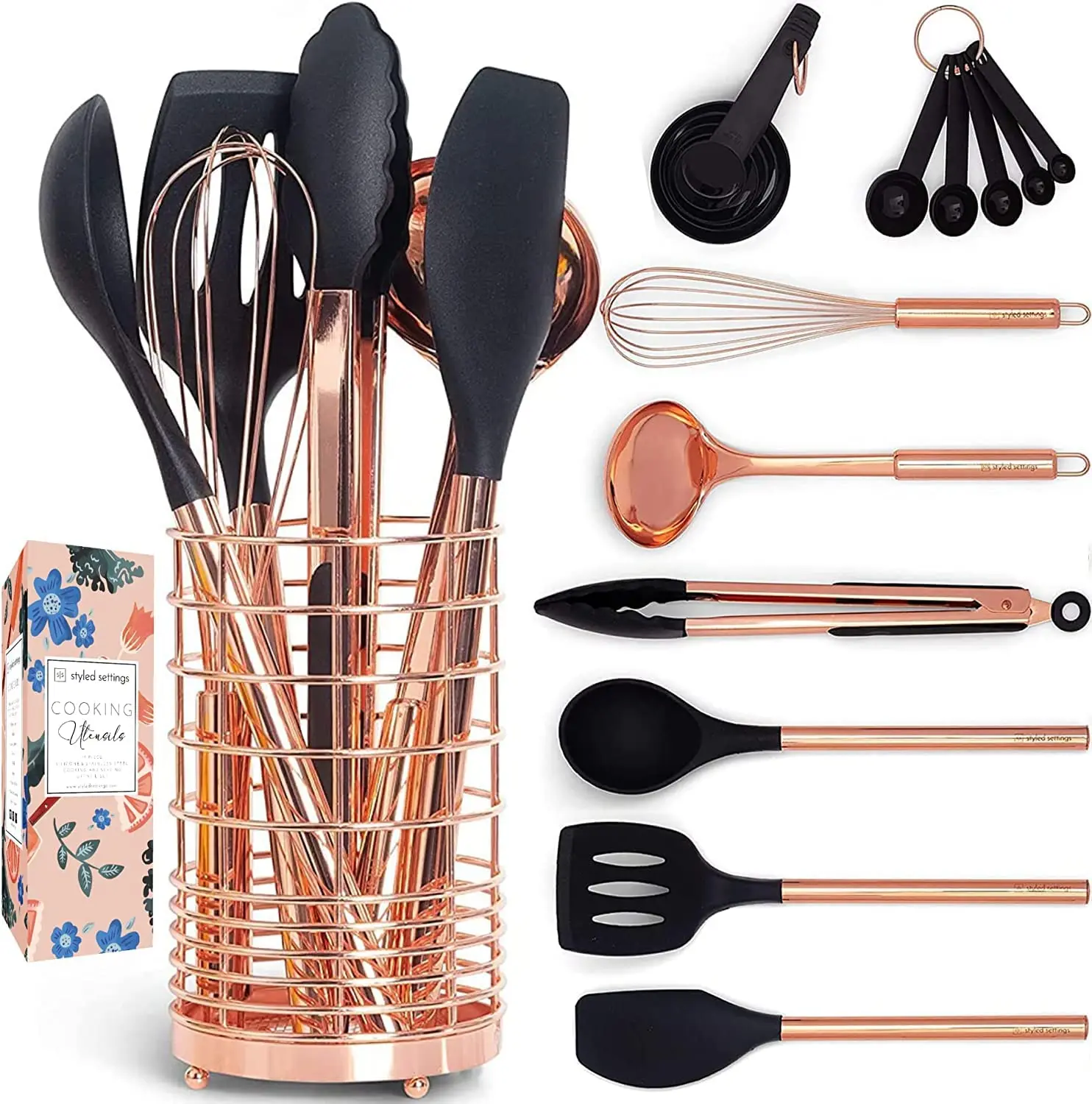 Styled Settings White & Gold Silicone Utensils with Holder and Measuring Cups & Spoons Set