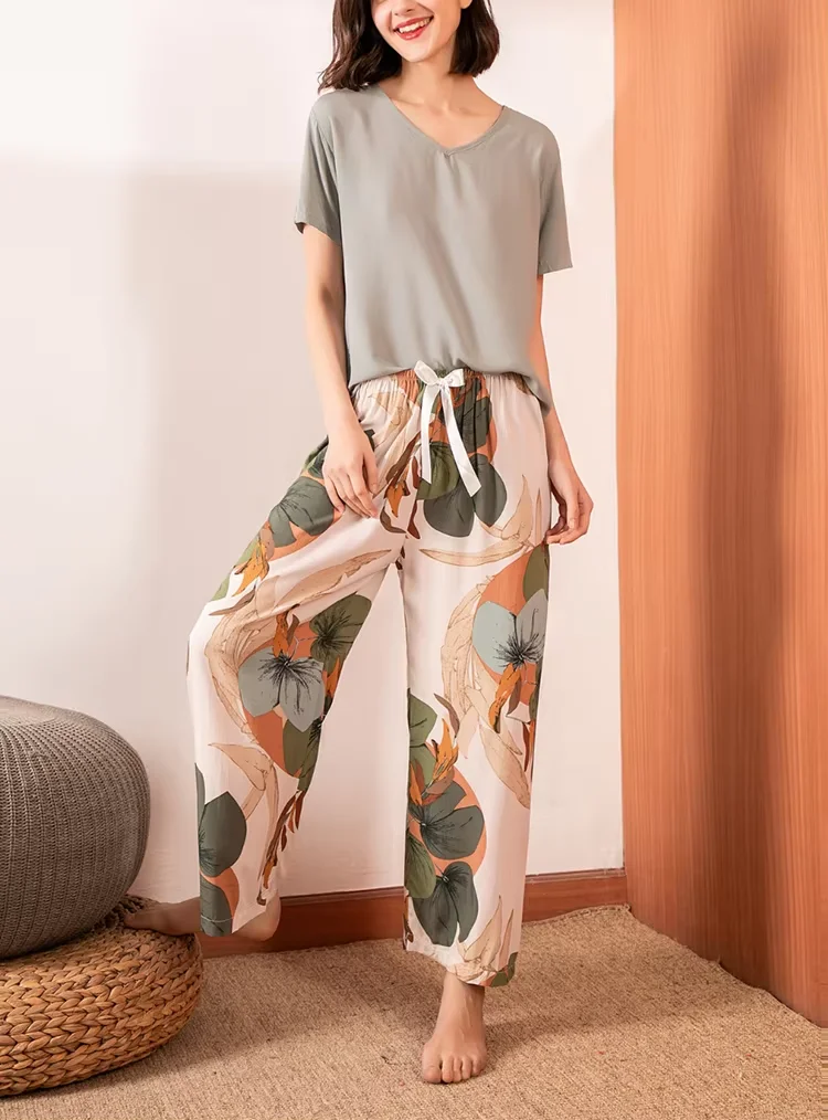 Camisetas sólidas para mujer, pijamas de punto, pantalón largo