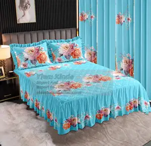 New Hot Sell Design King Size Bright Printed Color Lace Bed Skirt 7 Pieces Quilted Bedspreads Set with Curtains