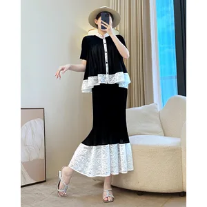 Miyake High-End Women's Casual Set Pleated Top & Large Skirt with Lace Stitching Elegant Women's Set