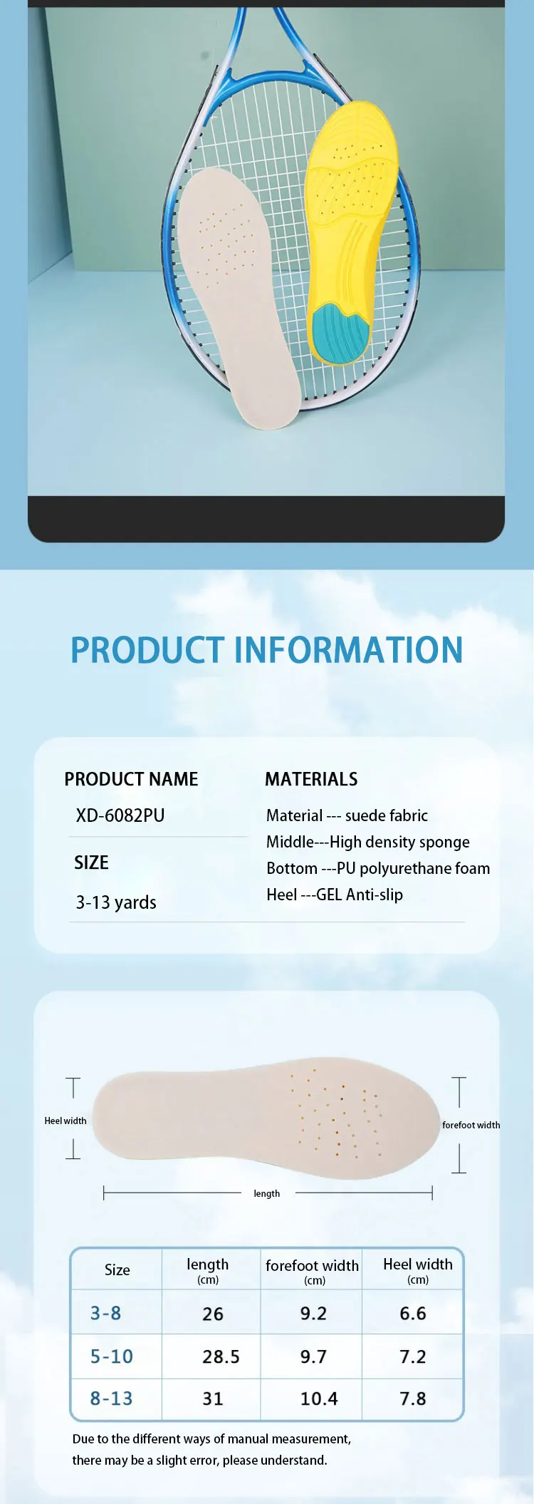 Sports Insoles PU Cushion Breathable Shoe Pads