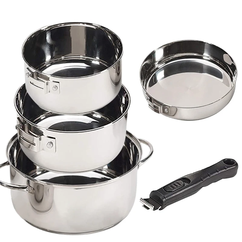 Stainless Steel Camping Cookware Set Convenient Detachable Handle Soup Pot Pan Outdoor Cookware