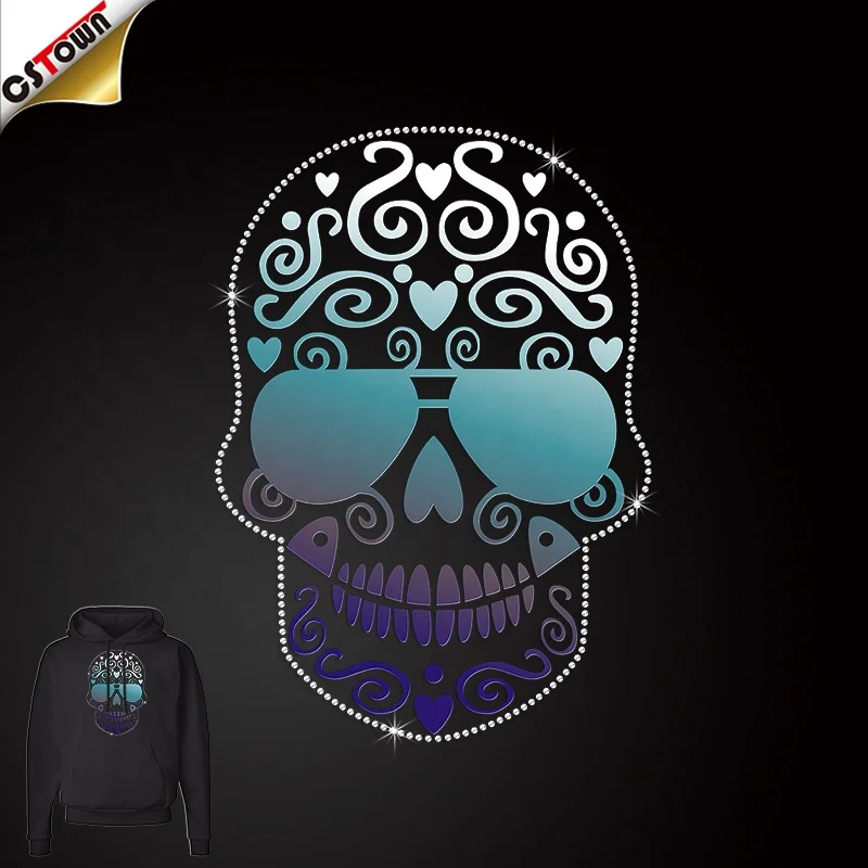 Zip Up Hoodie Skull Rhinestone Transfer Design Split Skull Heat ...