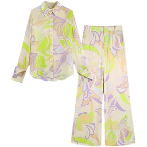 Boutique Wholesale Summer New 2026 Fashion Casual Printed Lapel Long Sleeve Shirt Trousers Women's Suit