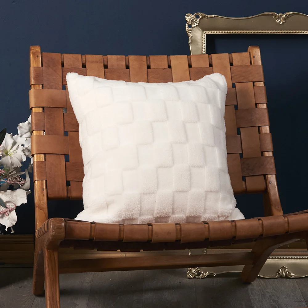 Housse de coussin blanche unie en velours granuleux double face à motif jacquard tridimensionnel pour canapé ou salon_voghion.com